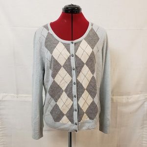Talbots Blue Gray Argyle Lambswool Cardigan Large